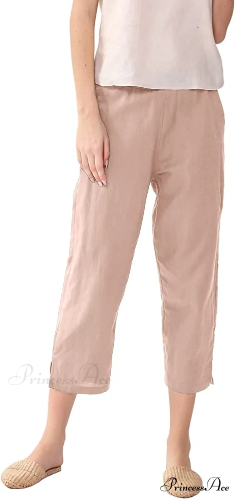 Womens Linen Capri Pants with Pockets Full Elastic Waistband Casual Pants - Image 32