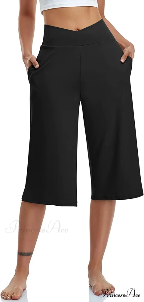 Casual Wide Leg Yoga Capris Crossover High Waist Capri Pants - Image 2