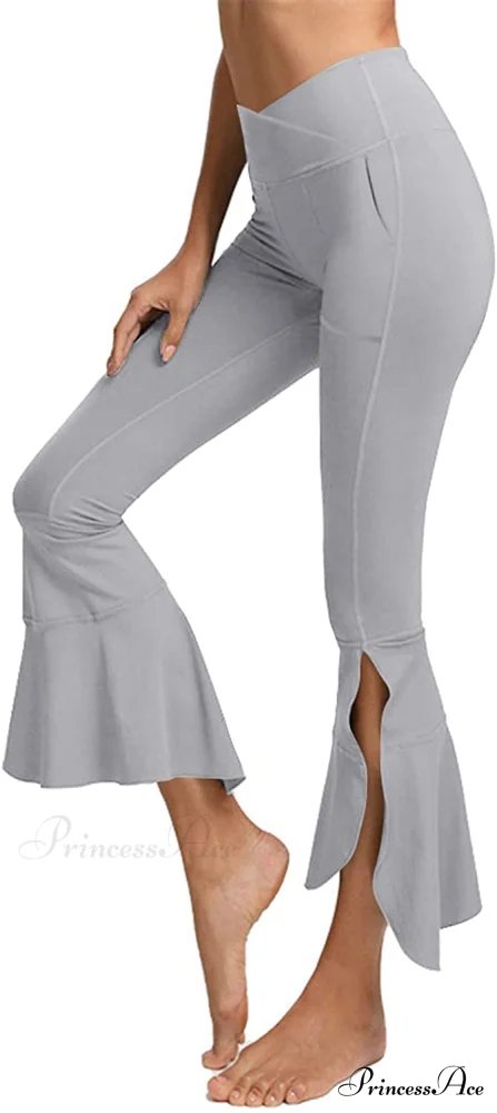 Capri Yoga Pants Cross High Waisted Cropped Slit Flared Ruffle Bottom - Image 15