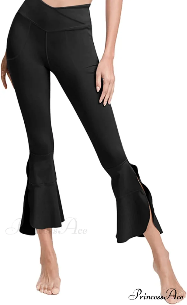 Capri Yoga Pants Cross High Waisted Cropped Slit Flared Ruffle Bottom - Image 2