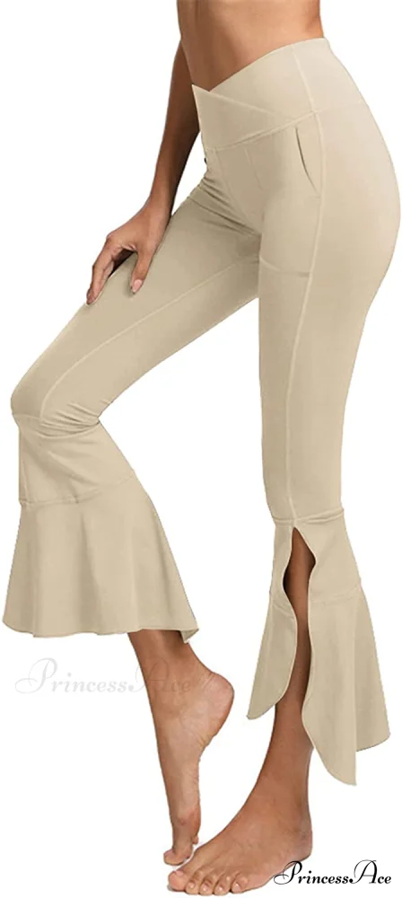 Capri Yoga Pants Cross High Waisted Cropped Slit Flared Ruffle Bottom - Image 8