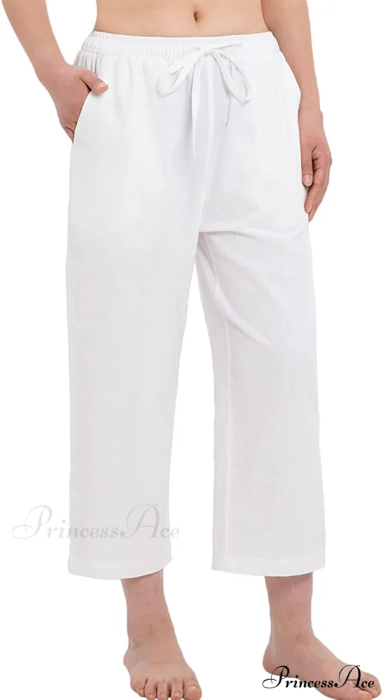 Cotton Linen Drawstring Elastic Waist Loose Wide Leg Cropped Pants - Image 10