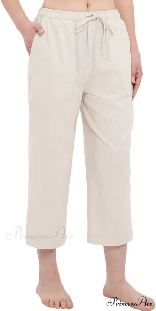 Cotton Linen Drawstring Elastic Waist Loose Wide Leg Cropped Pants - Image 2