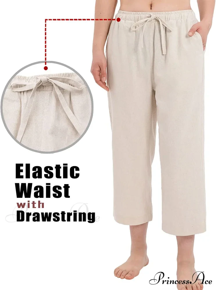 Cotton Linen Drawstring Elastic Waist Loose Wide Leg Cropped Pants - Image 3