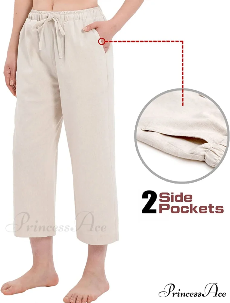 Cotton Linen Drawstring Elastic Waist Loose Wide Leg Cropped Pants - Image 4