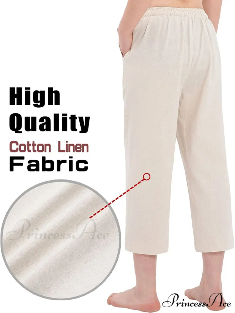 Cotton Linen Drawstring Elastic Waist Loose Wide Leg Cropped Pants - Image 5