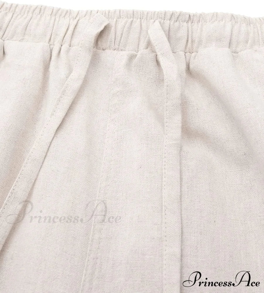 Cotton Linen Drawstring Elastic Waist Loose Wide Leg Cropped Pants - Image 6