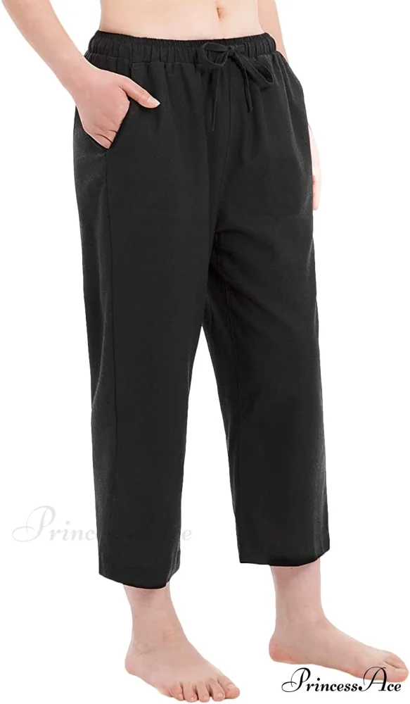 Cotton Linen Drawstring Elastic Waist Loose Wide Leg Cropped Pants - Image 9