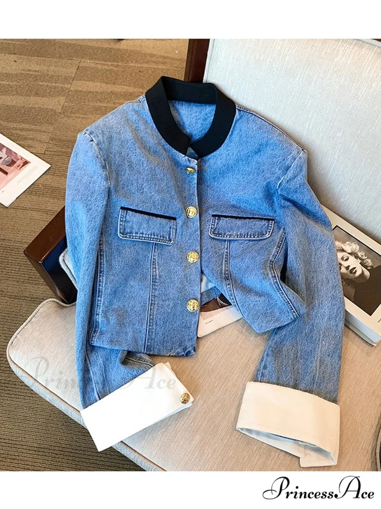 Denim Short Stand Collar Jacket - Image 2
