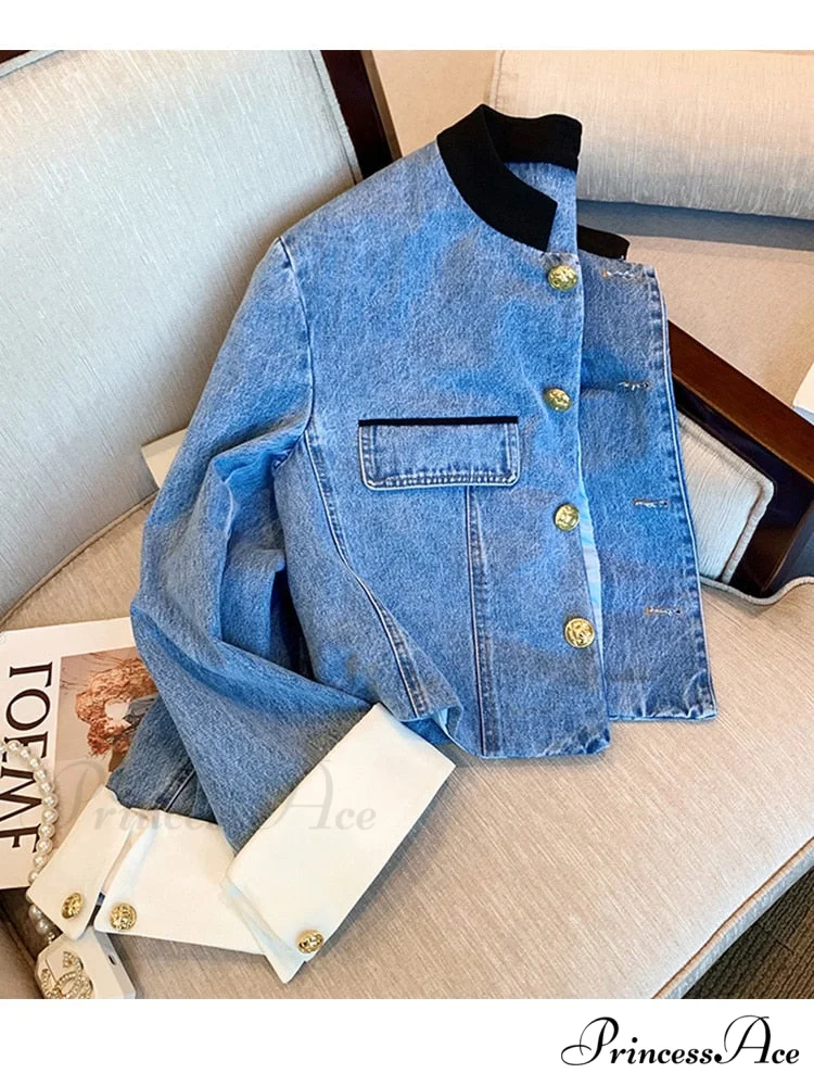 Denim Short Stand Collar Jacket - Image 3
