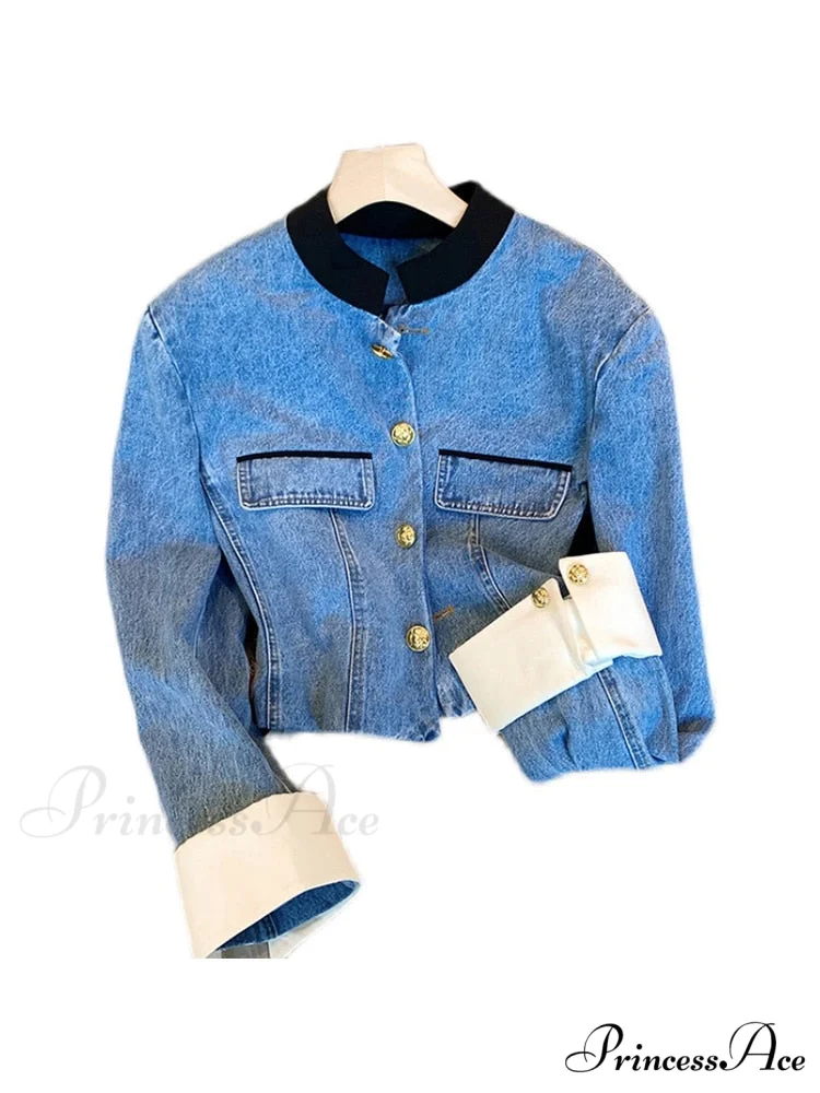 Denim Short Stand Collar Jacket - Image 4