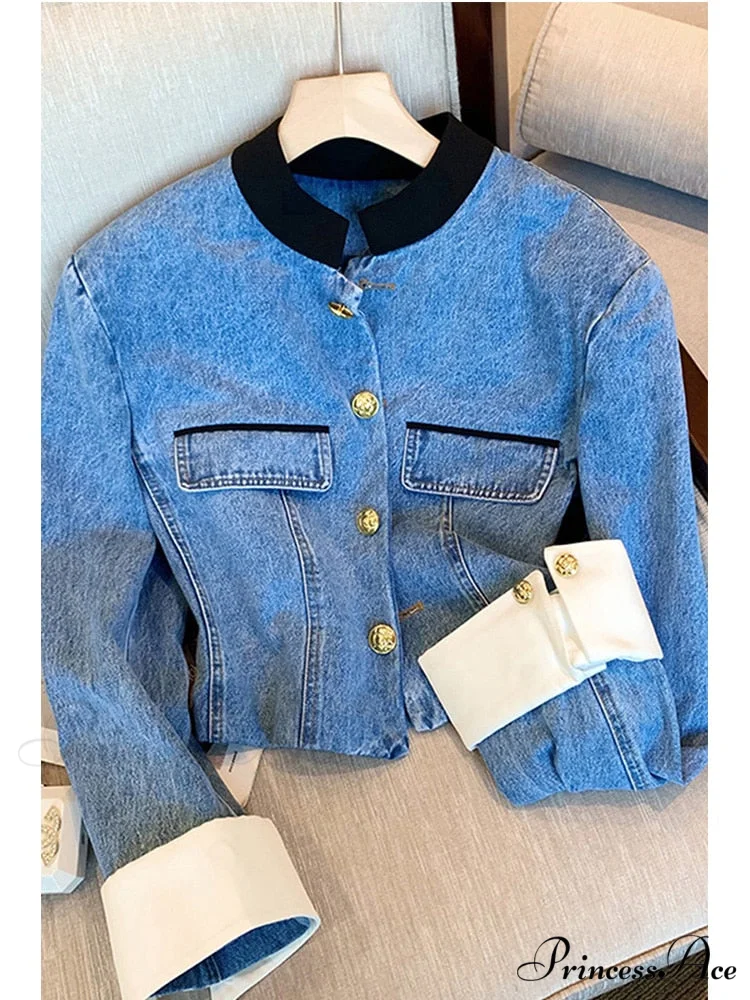 Denim Short Stand Collar Jacket - Image 5
