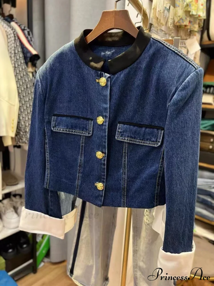 Denim Short Stand Collar Jacket - Image 6