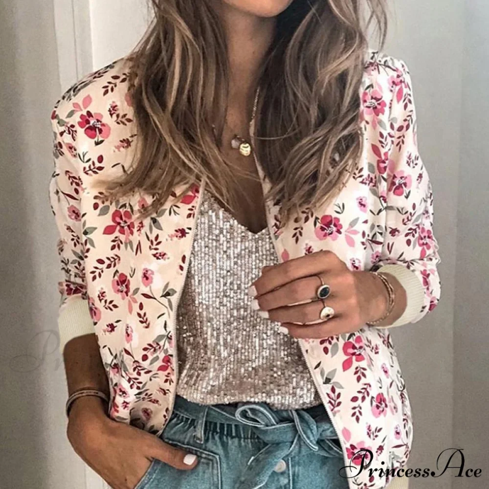 Flower Print Long Sleeve Zipper Jacket - Image 13