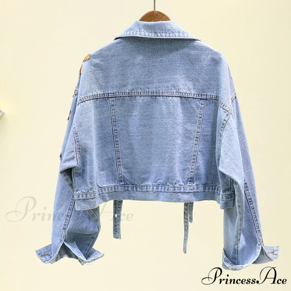 Floral Denim Embroidery Sequined Jacket - Image 4