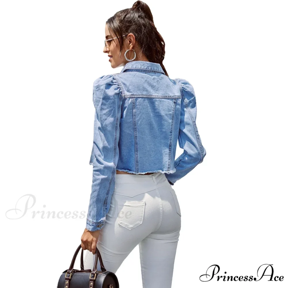 Solid Long Sleeve Slim Short Denim Jacket - Image 4