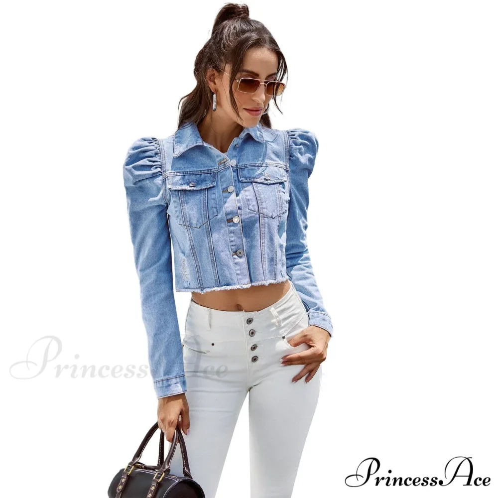 Solid Long Sleeve Slim Short Denim Jacket - Image 5