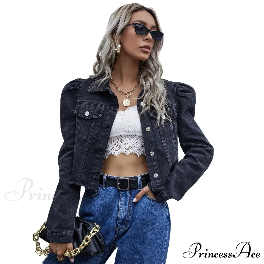 Solid Long Sleeve Slim Short Denim Jacket - Image 6