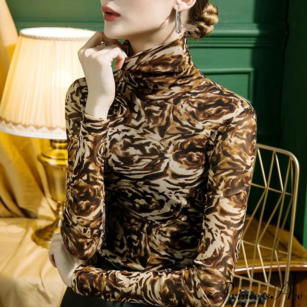 High-neck Leopard Print Mesh T-shirt - Image 5