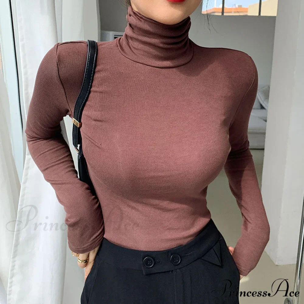 Slim Velvet Turtleneck Minimalist Tops - Image 12