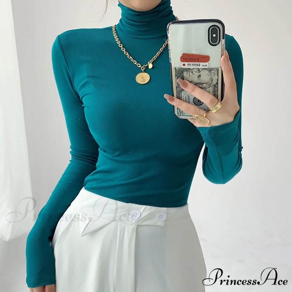 Slim Velvet Turtleneck Minimalist Tops - Image 13