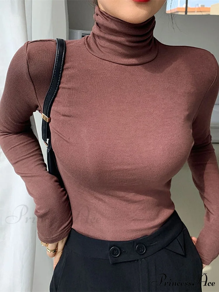 Slim Velvet Turtleneck Minimalist Tops - Image 2