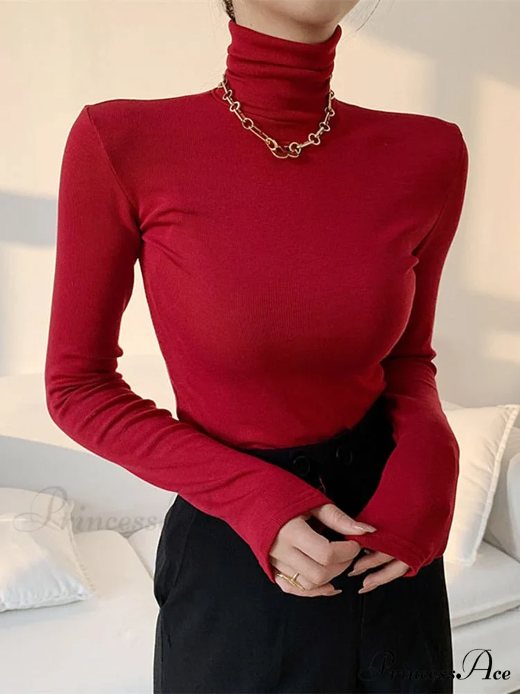 Slim Velvet Turtleneck Minimalist Tops - Image 5