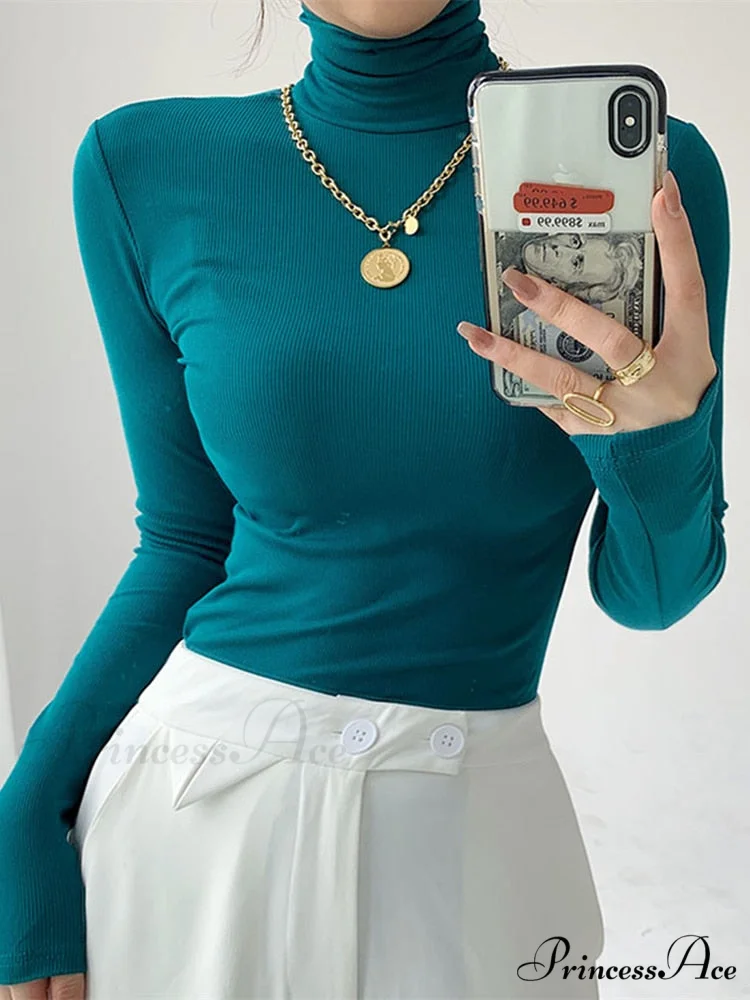 Slim Velvet Turtleneck Minimalist Tops - Image 6