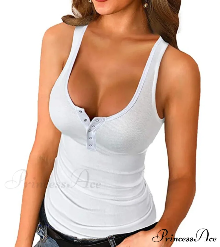 Ribbed Knitting Button U-neck Sleeveless Tank Top - Image 3