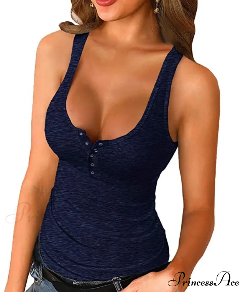 Ribbed Knitting Button U-neck Sleeveless Tank Top - Image 4