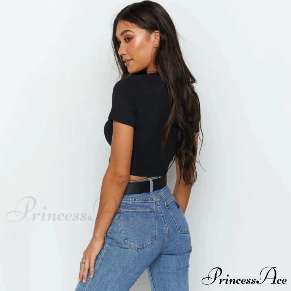 Sexy Streetwear Ribber Black Short Sleeve Tops - Image 3