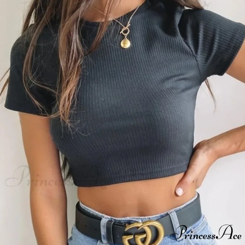 Sexy Streetwear Ribber Black Short Sleeve Tops - Image 5