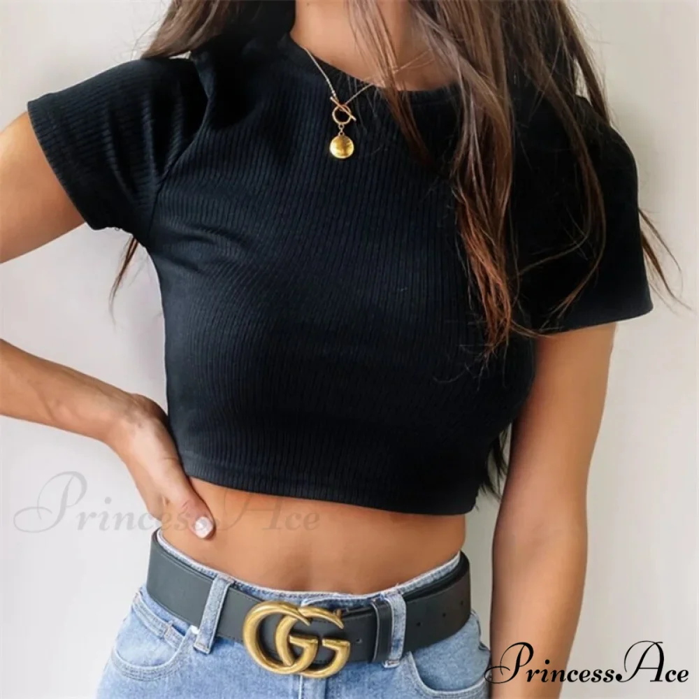 Sexy Streetwear Ribber Black Short Sleeve Tops - Image 7