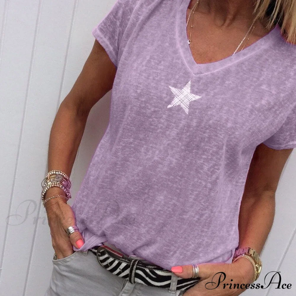Casual Solid Color Short Sleeve V Neck T-shirt - Image 12