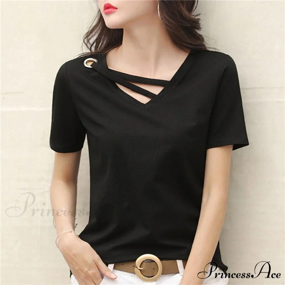 Casual Solid Color Short Sleeve V Neck T-shirt - Image 16