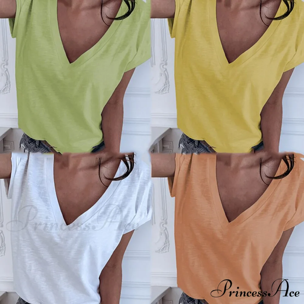 Casual Solid Color Short Sleeve V Neck T-shirt - Image 2