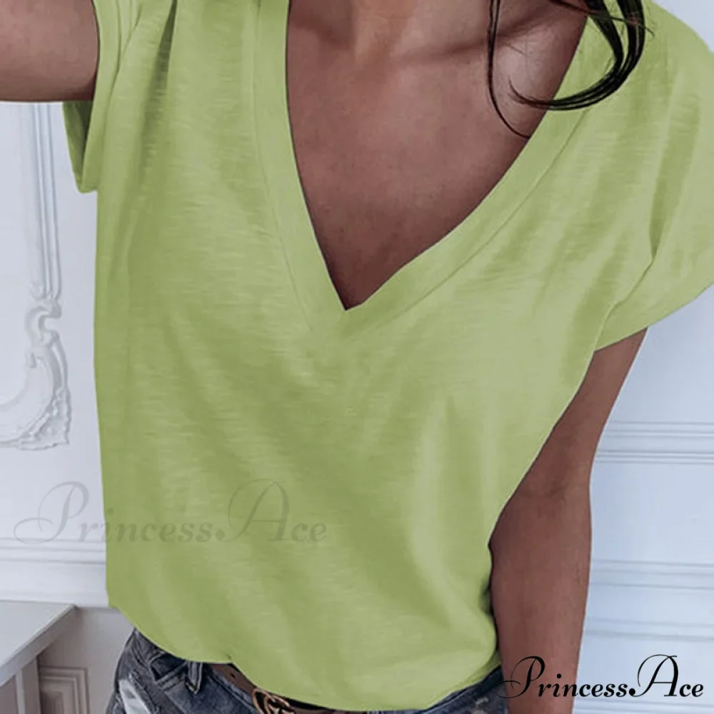 Casual Solid Color Short Sleeve V Neck T-shirt - Image 3