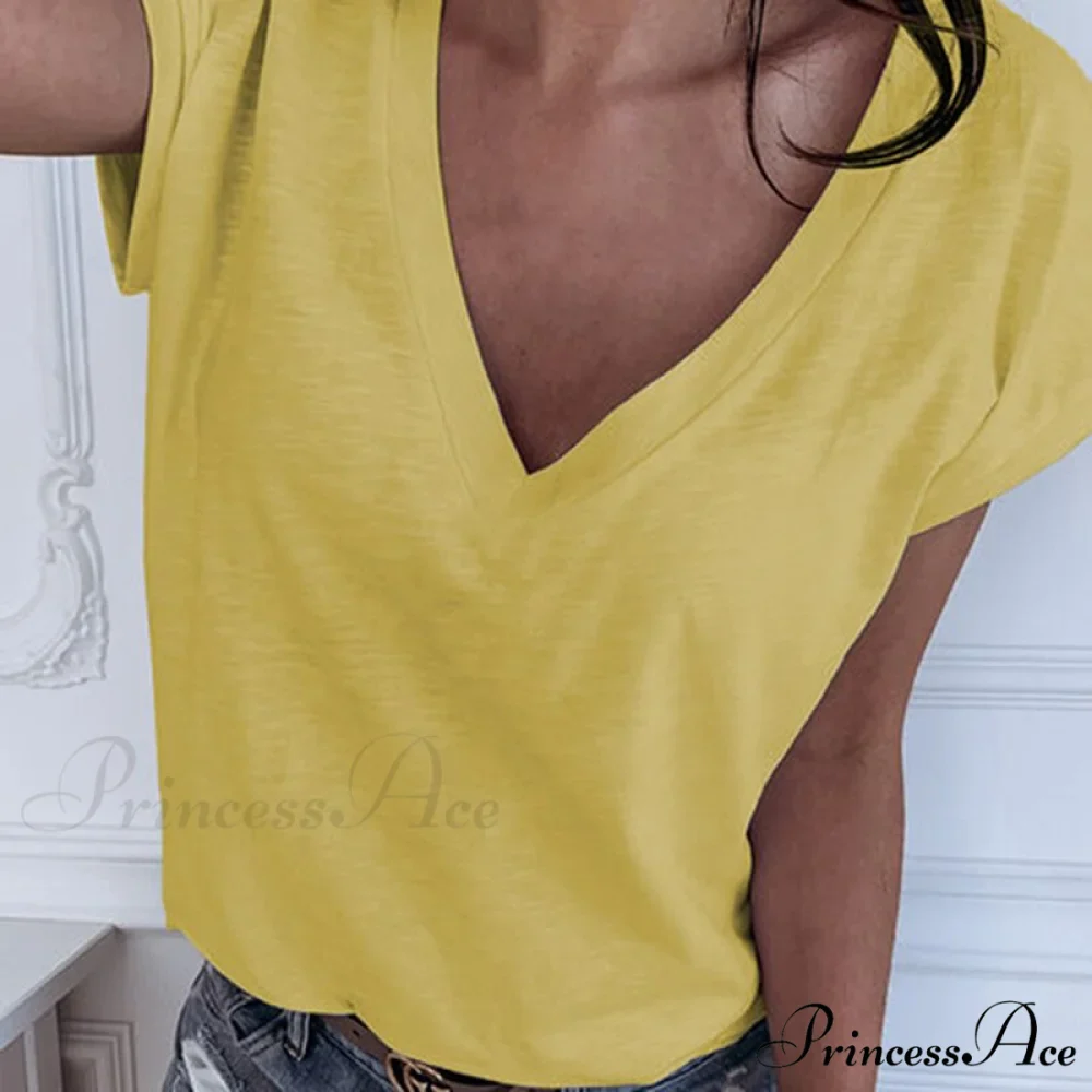 Casual Solid Color Short Sleeve V Neck T-shirt - Image 4