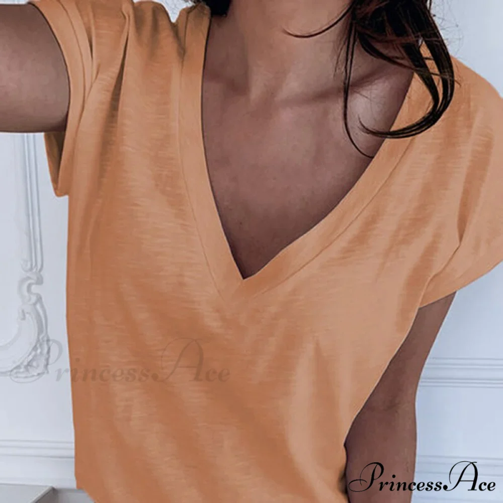 Casual Solid Color Short Sleeve V Neck T-shirt - Image 6