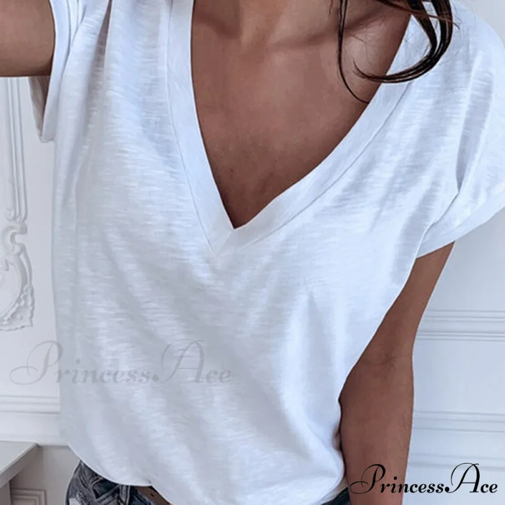 Casual Solid Color Short Sleeve V Neck T-shirt - Image 8