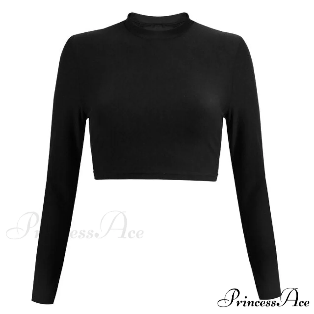 Slim Long Sleeve Cropped Navel Black T-Shirt - Image 2