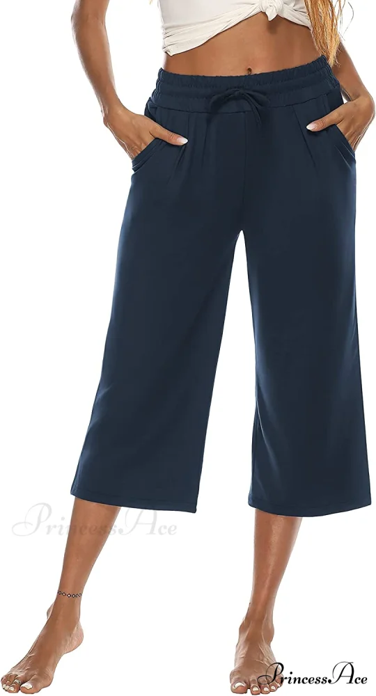 Wide Leg Crop Pants Comfy Drawstring Lounge Pajama Yoga Capris - Image 14