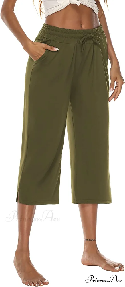 Wide Leg Crop Pants Comfy Drawstring Lounge Pajama Yoga Capris - Image 18