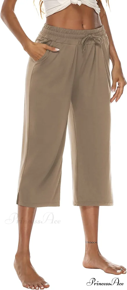 Wide Leg Crop Pants Comfy Drawstring Lounge Pajama Yoga Capris - Image 2