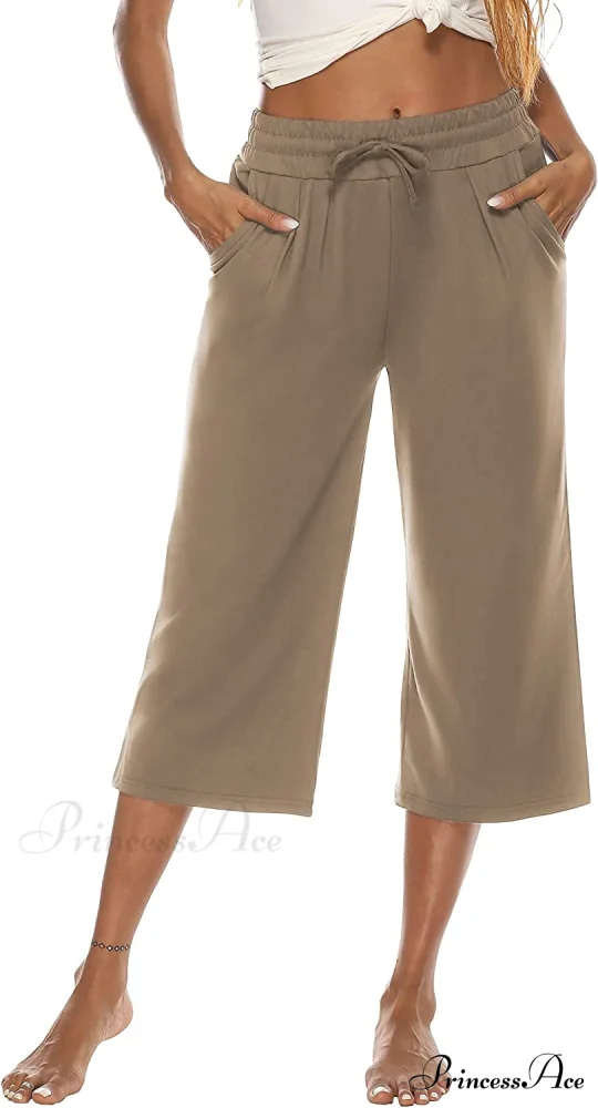 Wide Leg Crop Pants Comfy Drawstring Lounge Pajama Yoga Capris - Image 3