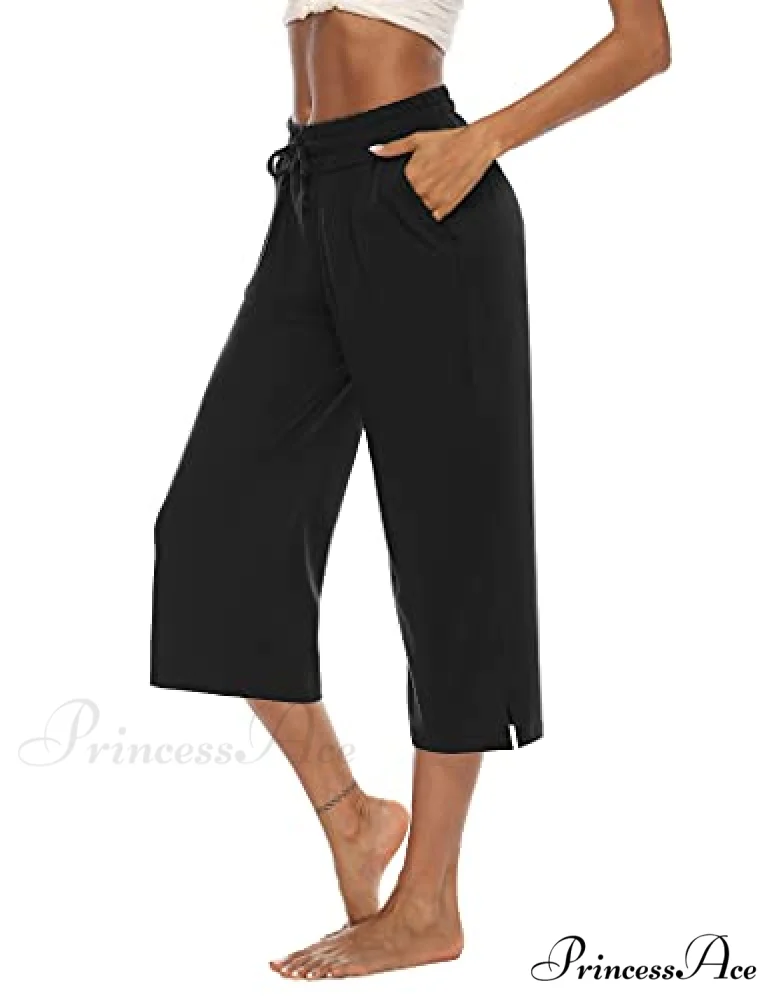 Wide Leg Crop Pants Comfy Drawstring Lounge Pajama Yoga Capris - Image 5