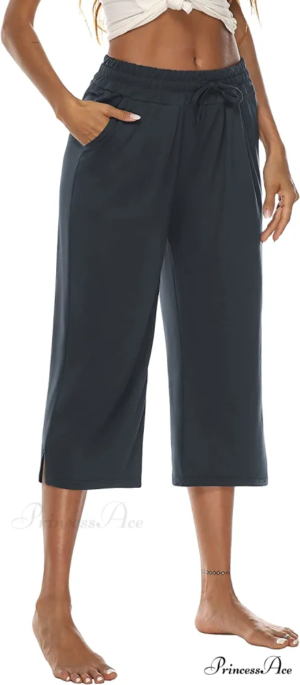 Wide Leg Crop Pants Comfy Drawstring Lounge Pajama Yoga Capris - Image 8