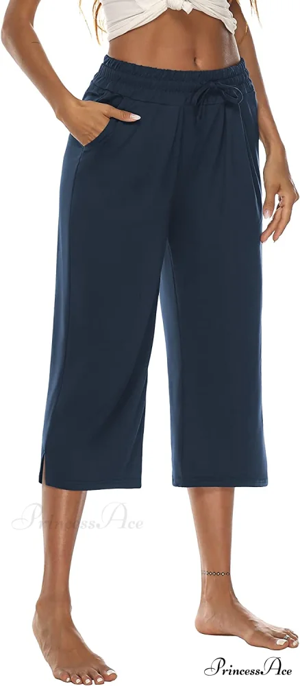 Wide Leg Crop Pants Comfy Drawstring Lounge Pajama Yoga Capris - Image 9