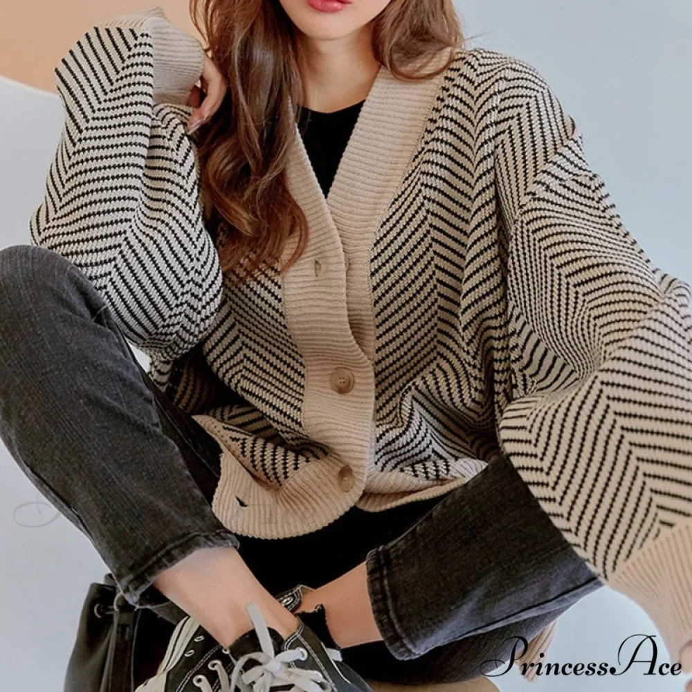 Casual Knitted Cardigan Oversize Button Front Contrast Stripe Cardigan - Image 2
