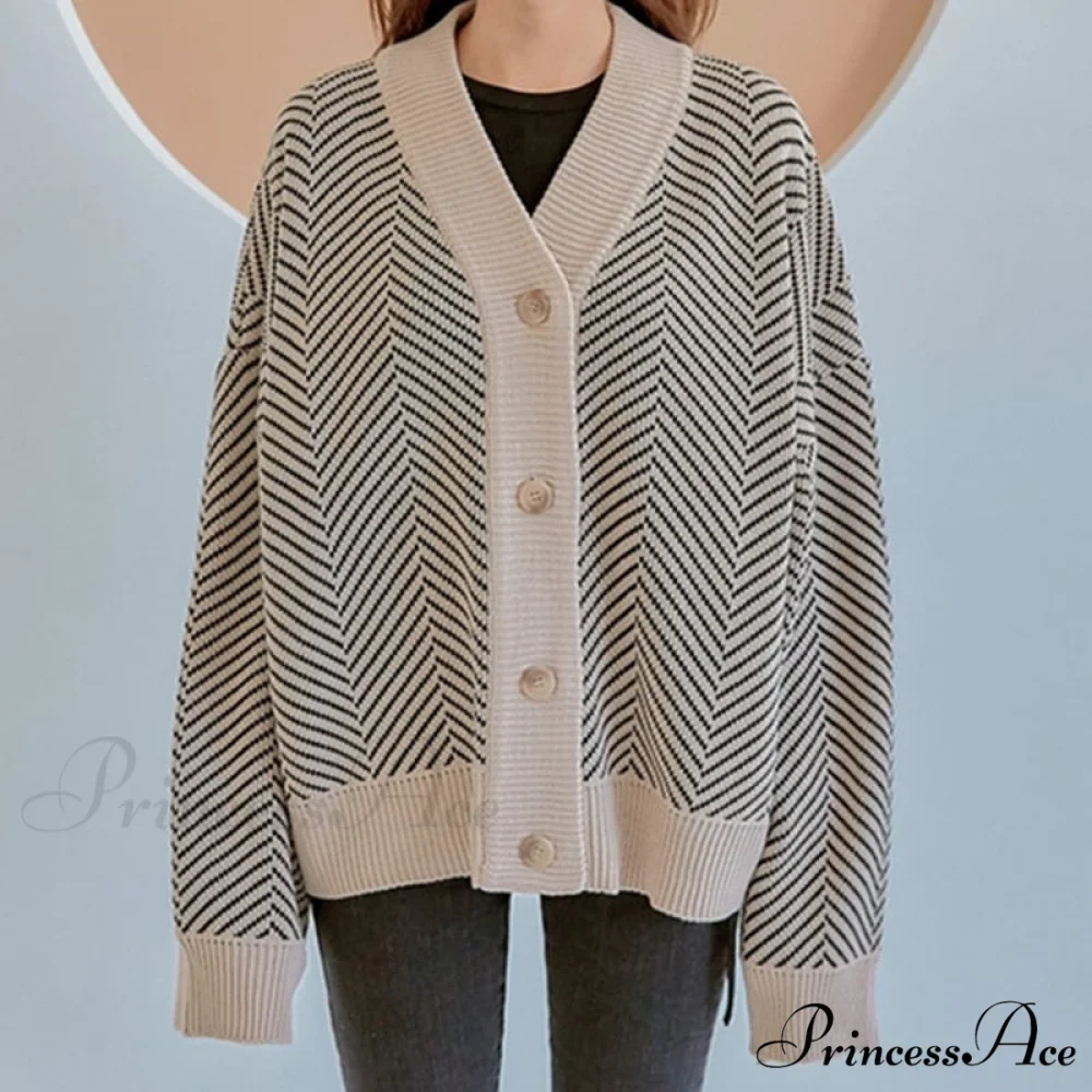Casual Knitted Cardigan Oversize Button Front Contrast Stripe Cardigan - Image 3